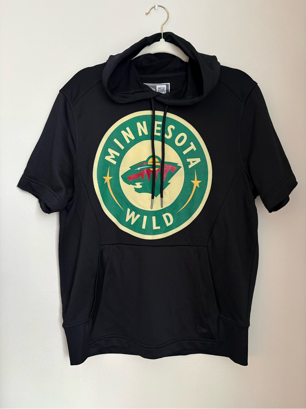 New Era Black Short-Sleeve Hoodie with Green & Cream Minnesota Wild Logo